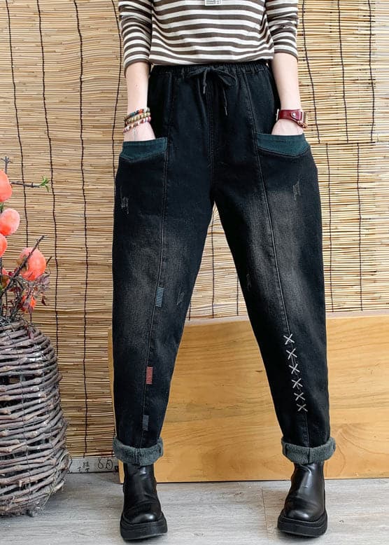 Chic Black Cinched Pockets denim harem pants Winter NZ-LPTS220105