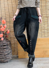 Chic Black Cinched Pockets denim harem pants Winter NZ-LPTS220105