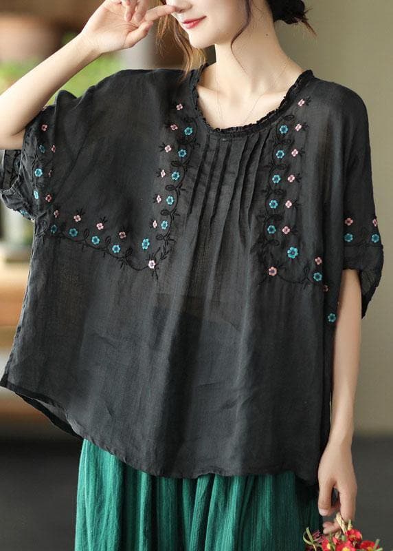 Chic Black O-Neck Embroideried Summer Ramie Half Sleeve GK-HTP210720