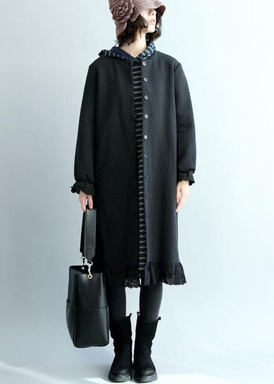 Chic Black Ruffled Button Cotton trench coats Spring QZ-TCT220119