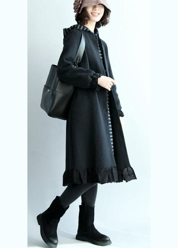 Chic Black Ruffled Button Cotton trench coats Spring QZ-TCT220119