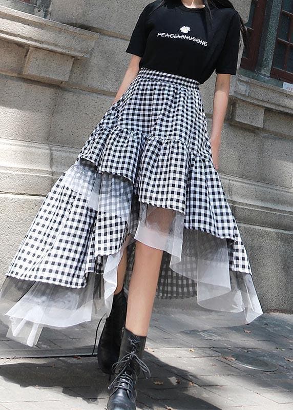 Chic Black White Plaid Ruffles Patchwork Lace Skirt Summer CDM-SKTS210408