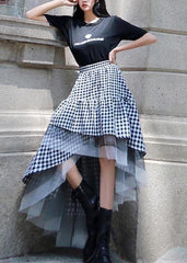 Chic Black White Plaid Ruffles Patchwork Lace Skirt Summer CDM-SKTS210408