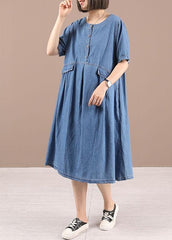 Chic Blue Button Cinched Denim Summer Dresses 210722