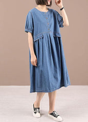 Chic Blue Button Cinched Denim Summer Dresses 210722