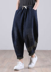 Chic Blue Casual Elastic Waist Pockets Harem Denim Fall Patchwork Pants WG-LPTS210902