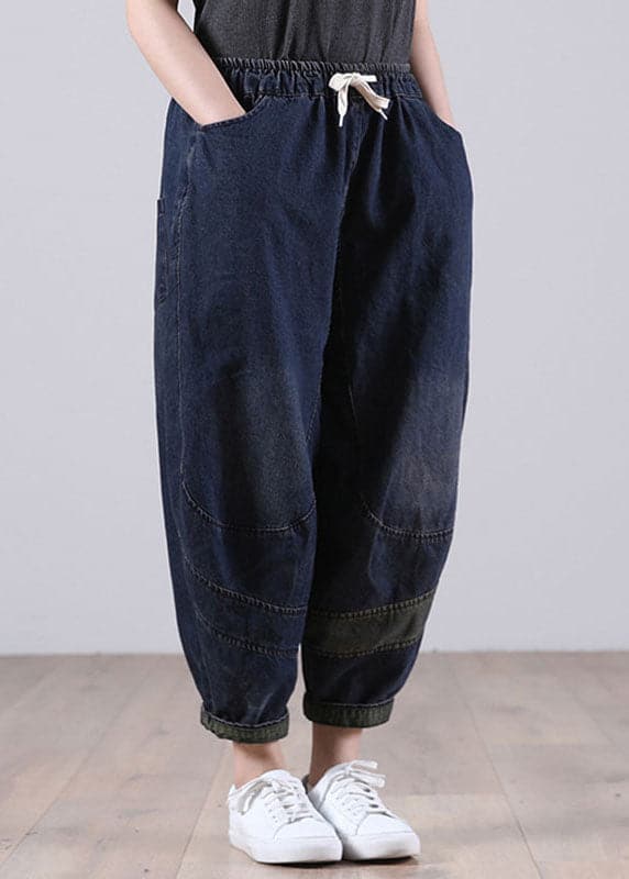 Chic Blue Casual Elastic Waist Pockets Harem Denim Fall Patchwork Pants WG-LPTS210902