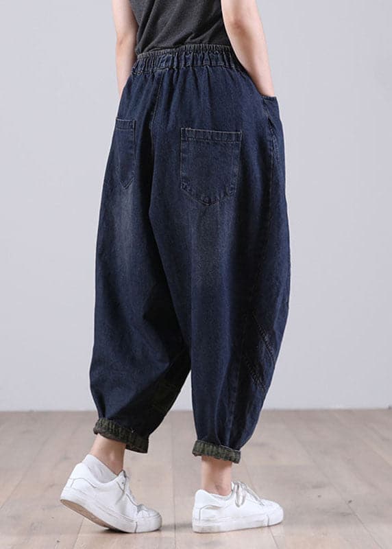 Chic Blue Casual Elastic Waist Pockets Harem Denim Fall Patchwork Pants WG-LPTS210902