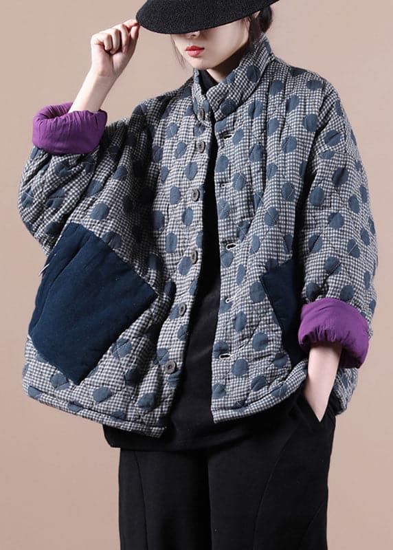 Chic Blue Pockets Patchwork Dot Winter Cotton Coat GK-DJK211019