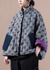 Chic Blue Pockets Patchwork Dot Winter Cotton Coat GK-DJK211019