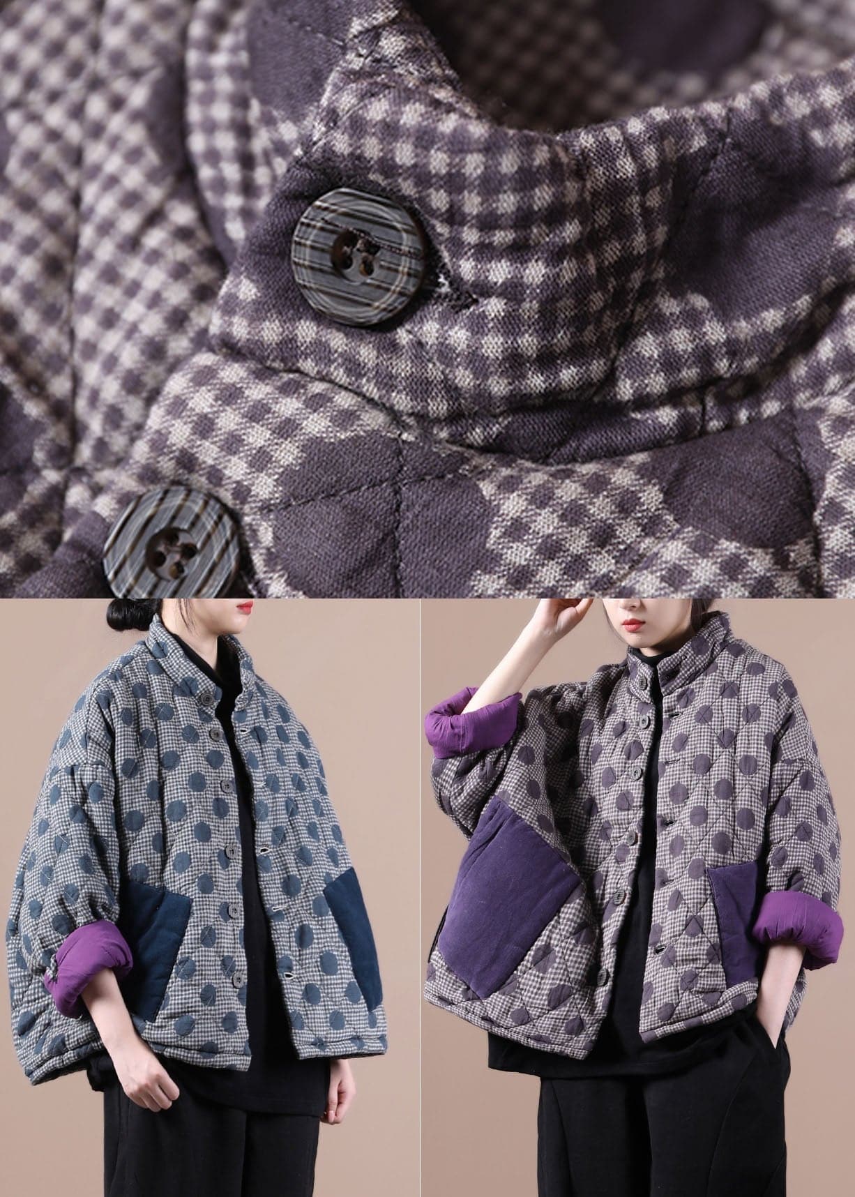 Chic Blue Pockets Patchwork Dot Winter Cotton Coat GK-DJK211019