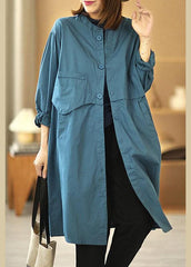 Chic Blue Stand Collar Button Pockets Fall Cotton Coats Long sleeve XS-TCT210901