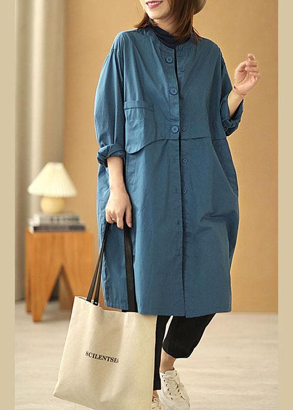 Chic Blue Stand Collar Button Pockets Fall Cotton Coats Long sleeve XS-TCT210901