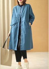 Chic Blue Stand Collar Button Pockets Fall Cotton Coats Long sleeve XS-TCT210901