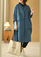 Chic Blue Stand Collar Button Pockets Fall Cotton Coats Long sleeve XS-TCT210901