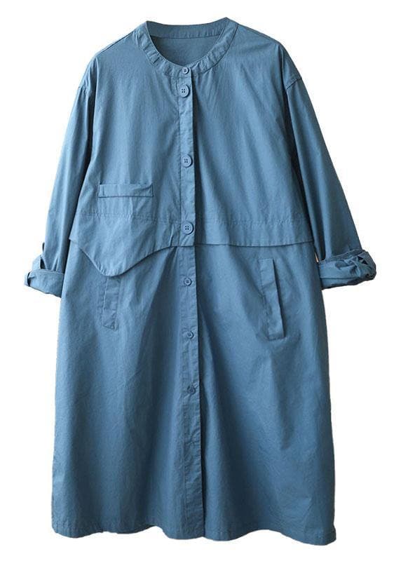 Chic Blue Stand Collar Button Pockets Fall Cotton Coats Long sleeve XS-TCT210901