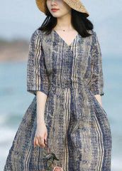 Chic Blue V Neck Striped Patchwork Pockets Linen Dresses Short Sleeve gk-SDL220722