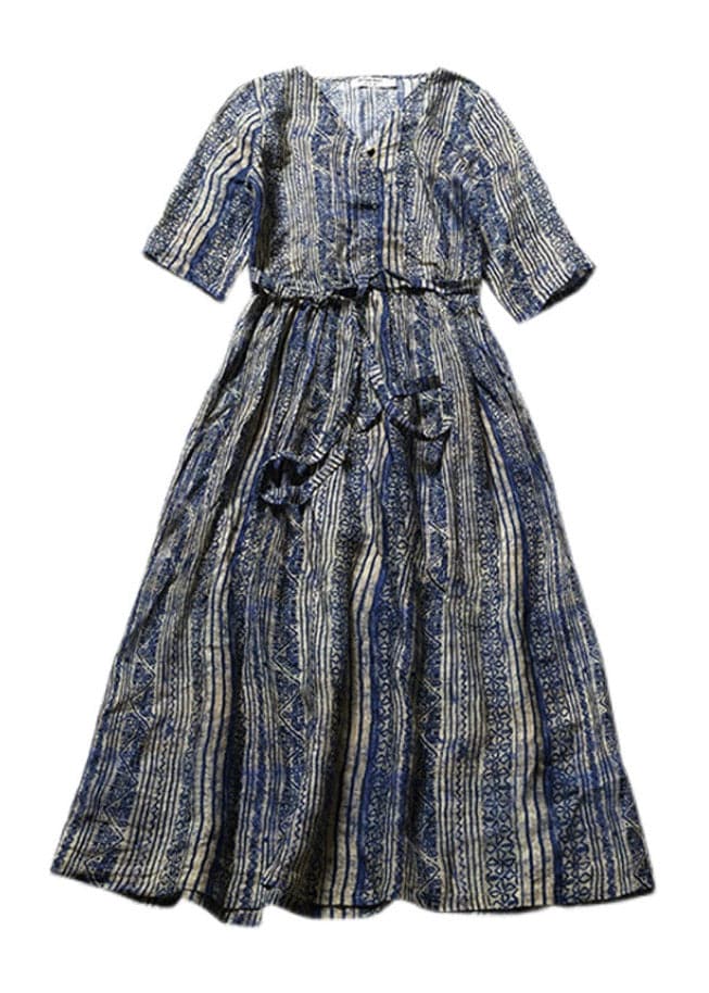 Chic Blue V Neck Striped Patchwork Pockets Linen Dresses Short Sleeve gk-SDL220722