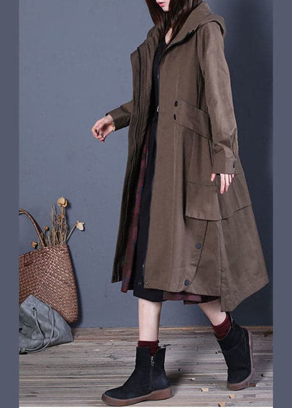 Chic Coffee Loose zippered Button Fall Hoodie Coat trench coats BSJK-TCT211013