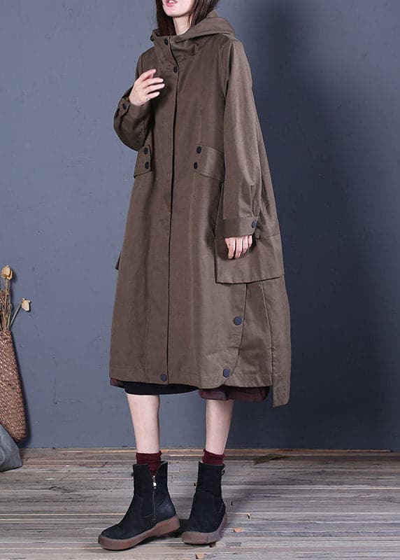 Chic Coffee Loose zippered Button Fall Hoodie Coat trench coats BSJK-TCT211013