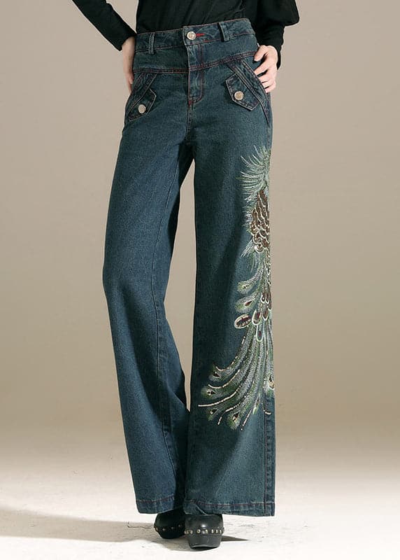 Chic Denim Blue Sequins Embroideried Pockets Cotton Wide Leg Pants Summer NZ-LPTS22060701