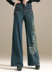 Chic Denim Blue Sequins Embroideried Pockets Cotton Wide Leg Pants Summer NZ-LPTS22060701