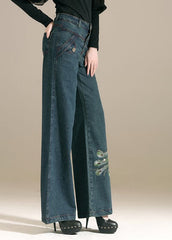 Chic Denim Blue Sequins Embroideried Pockets Cotton Wide Leg Pants Summer NZ-LPTS22060701