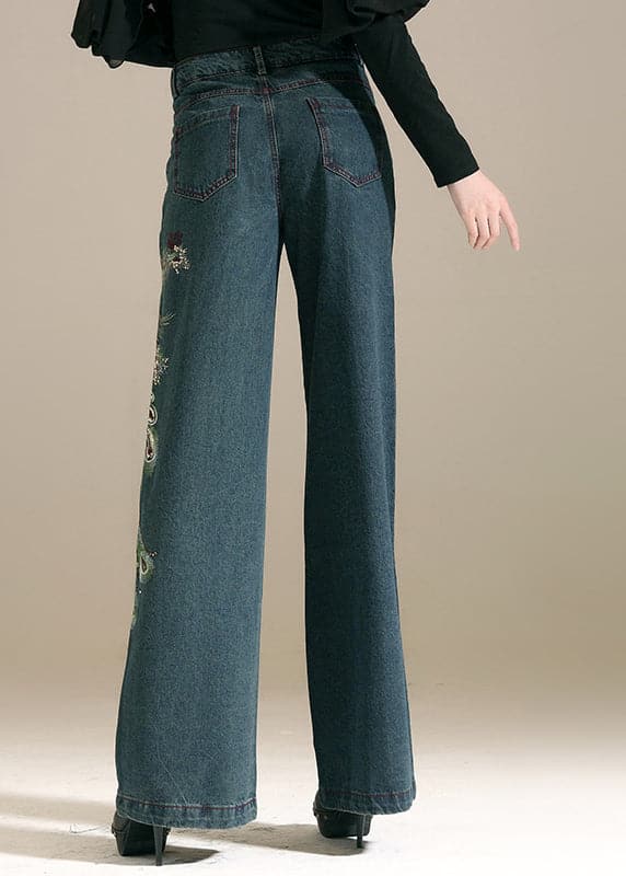 Chic Denim Blue Sequins Embroideried Pockets Cotton Wide Leg Pants Summer NZ-LPTS22060701