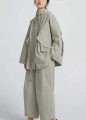 Chic Drawstring  Spring Short Coat Khaki Green Coat TCT210107