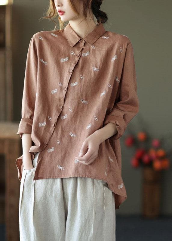 Chic Khaki Peter Pan Collar Button Fall Asymmetrical Design Top Long Sleeve GK-LTP210819