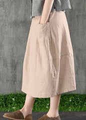 Chic Khaki elastic waist Pockets Cotton Linen A Line Skirt Spring GK-SKTS220228