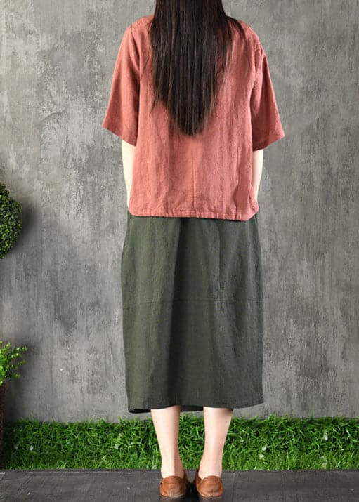 Chic Khaki elastic waist Pockets Cotton Linen A Line Skirt Spring GK-SKTS220228