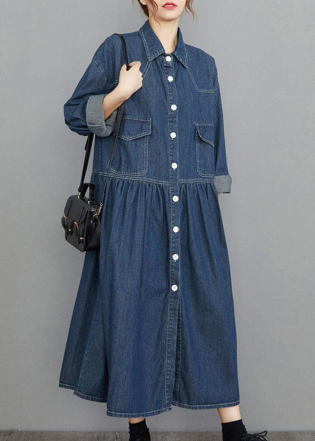 Chic Navy Peter Pan Collar Button Pockets wrinkled Denim Dress Spring YLHC-FDL220321