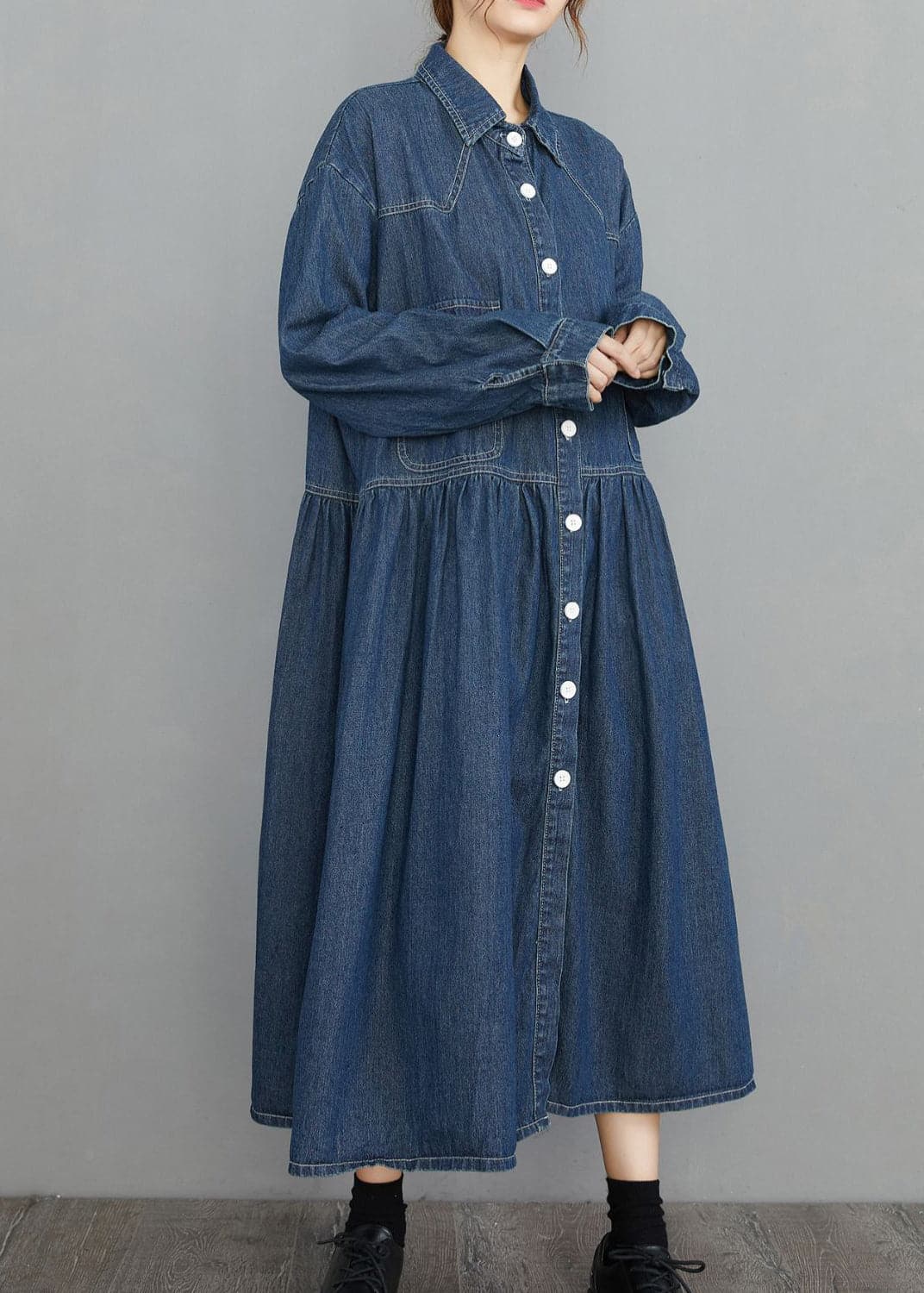 Chic Navy Peter Pan Collar Button Pockets wrinkled Denim Dress Spring YLHC-FDL220321