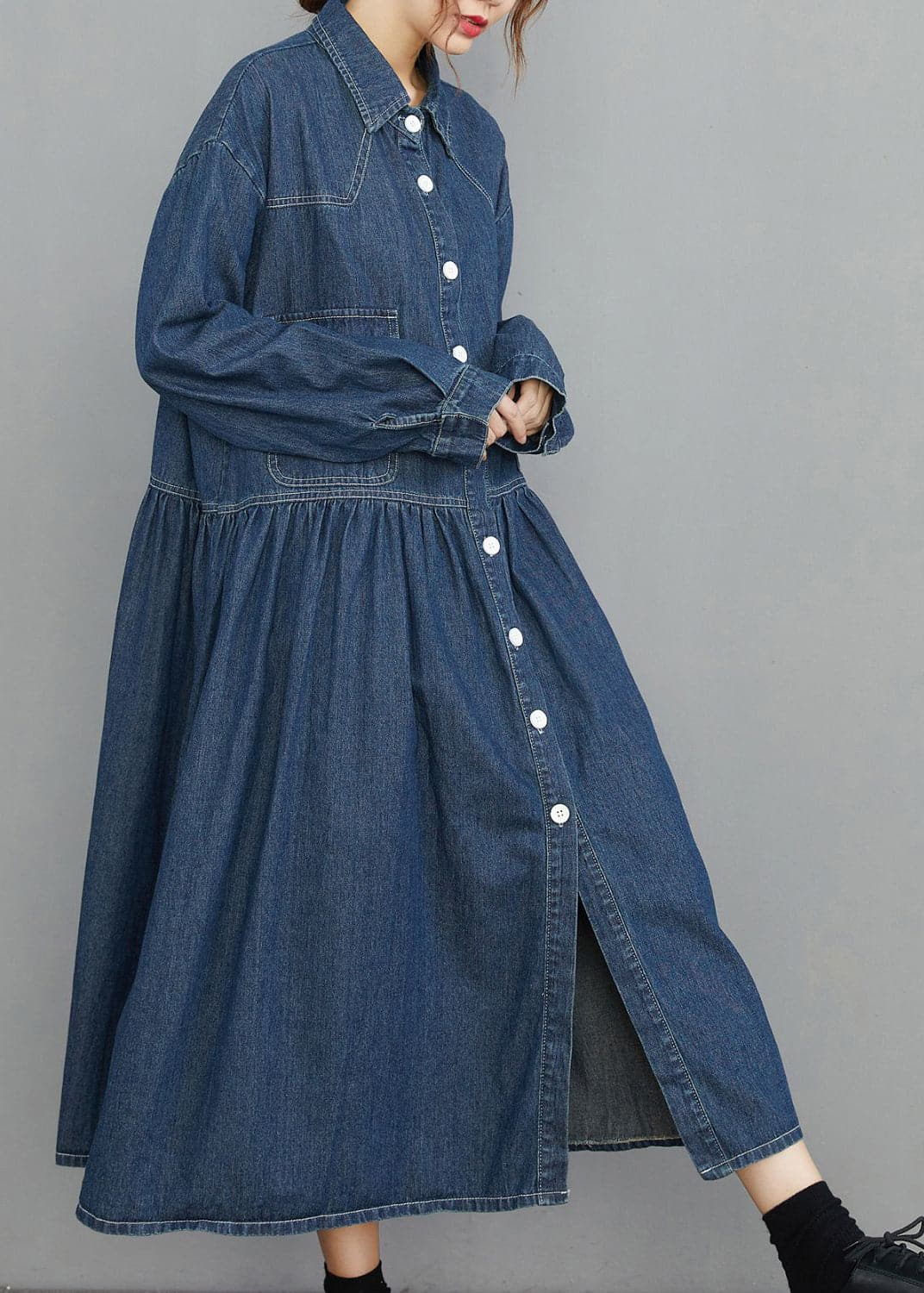 Chic Navy Peter Pan Collar Button Pockets wrinkled Denim Dress Spring YLHC-FDL220321