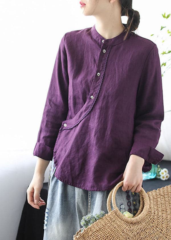 Chic Purple Stand Collar Lace Patchwork Linen Shirt Tops Long Sleeve GK-LTP220815