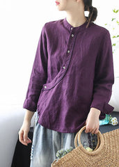 Chic Purple Stand Collar Lace Patchwork Linen Shirt Tops Long Sleeve GK-LTP220815