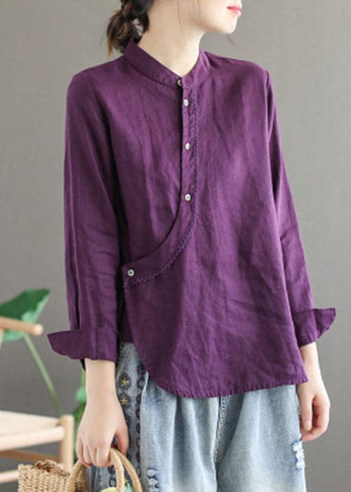 Chic Purple Stand Collar Lace Patchwork Linen Shirt Tops Long Sleeve GK-LTP220815