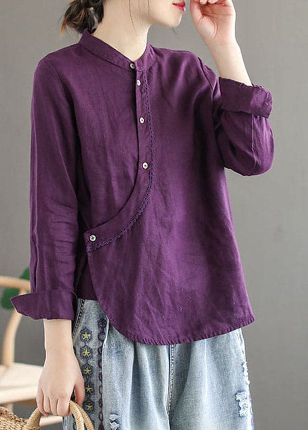 Chic Purple Stand Collar Lace Patchwork Linen Shirt Tops Long Sleeve GK-LTP220815