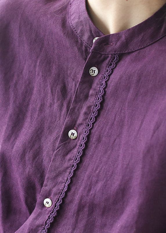 Chic Purple Stand Collar Lace Patchwork Linen Shirt Tops Long Sleeve GK-LTP220815