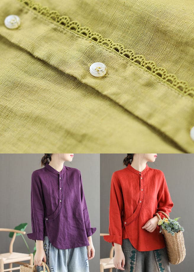 Chic Purple Stand Collar Lace Patchwork Linen Shirt Tops Long Sleeve GK-LTP220815