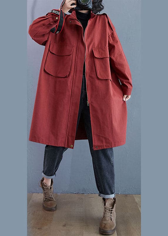 Chic Red Stand Collar Zippered Pockets Fall Long Sleeve Trench Coats WT-WG-TCT210914