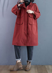 Chic Red Stand Collar Zippered Pockets Fall Long Sleeve Trench Coats WT-WG-TCT210914