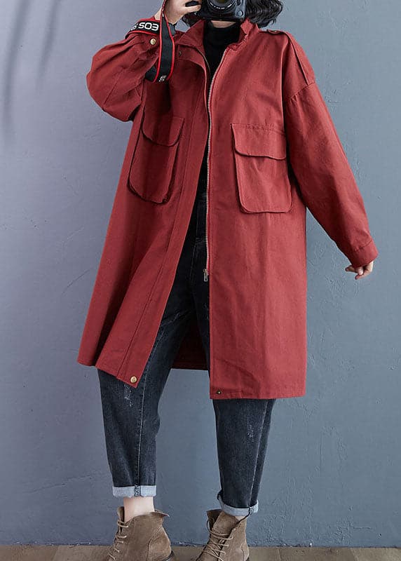 Chic Red Stand Collar Zippered Pockets Fall Long Sleeve Trench Coats WT-WG-TCT210914