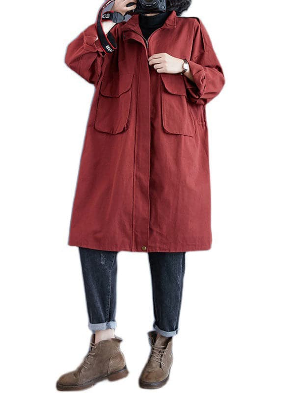 Chic Red Stand Collar Zippered Pockets Fall Long Sleeve Trench Coats WT-WG-TCT210914