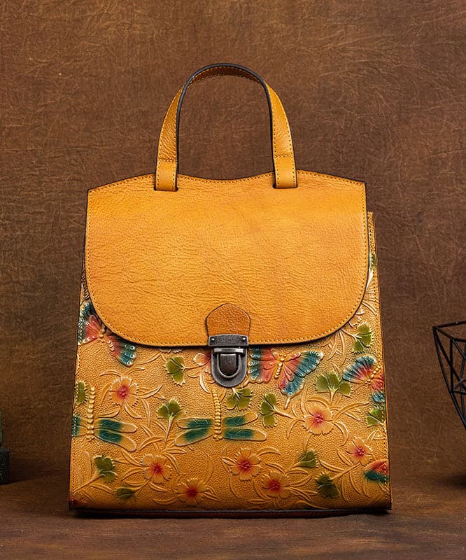 Chic Yellow Floral Embossing Calf Leather Women's Tote Handbag ZP-BGS220816