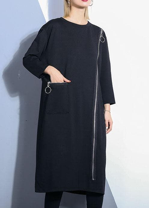 Chic black o neck cotton Tunics zippered Maxi fall Dresses AT-FDM190903