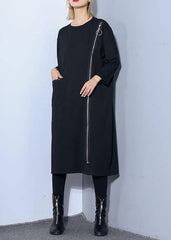 Chic black o neck cotton Tunics zippered Maxi fall Dresses AT-FDM190903