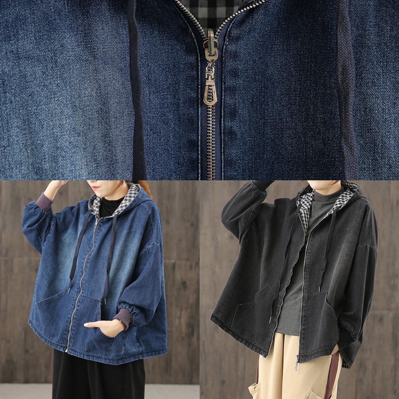 Chic denim black clothes hooded pockets baggy blouse TCT200915