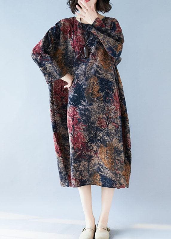 Chic floral cotton tunic dress o neck baggy Kaftan Dresses SDL200425